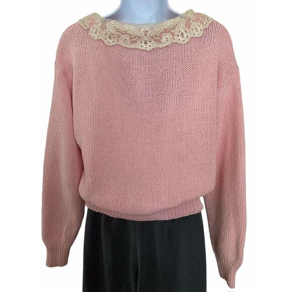 Vintage 80s Lace Collar Coquette Boho Cottage Preppy Pink Cardigan Sweater S - Picture 6 of 8